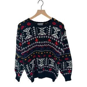 Vintage Hasting & Smith Fair Isle Knit Sweater Black Holiday Pullover Size M